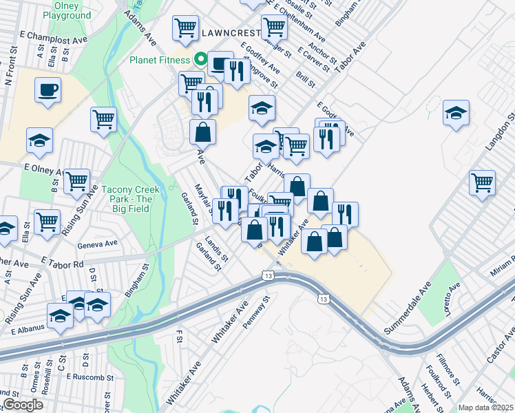 map of restaurants, bars, coffee shops, grocery stores, and more near 5342 Howland Street in Philadelphia
