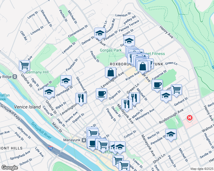 map of restaurants, bars, coffee shops, grocery stores, and more near 379 Leverington Avenue in Philadelphia