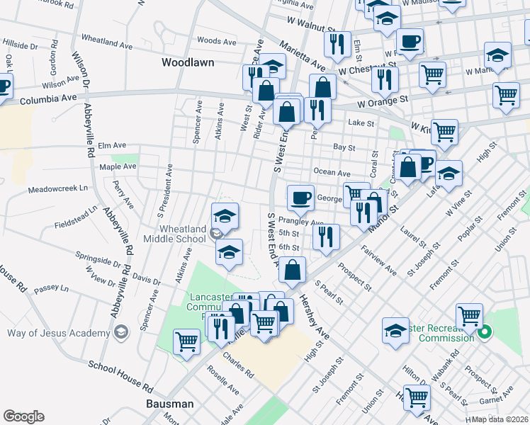 map of restaurants, bars, coffee shops, grocery stores, and more near 329 South West End Avenue in Lancaster