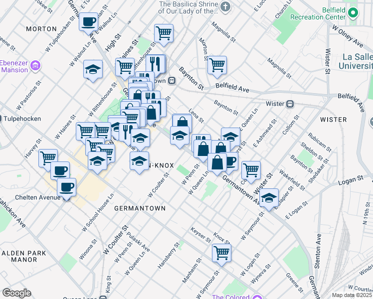 map of restaurants, bars, coffee shops, grocery stores, and more near Germantown Ave & E Coulter St in Philadelphia