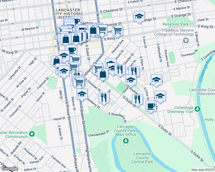 map of restaurants, bars, coffee shops, grocery stores, and more near 500 South Duke Street in Lancaster