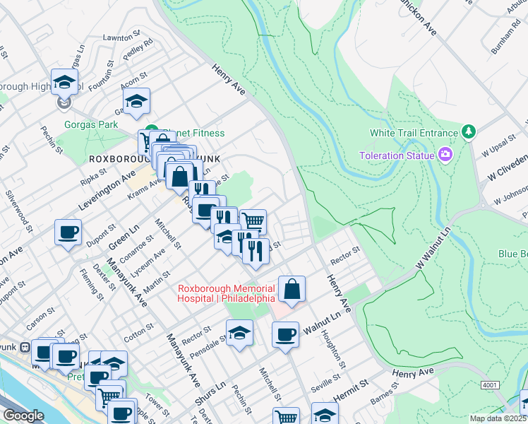map of restaurants, bars, coffee shops, grocery stores, and more near 588 Monastery Avenue in Philadelphia