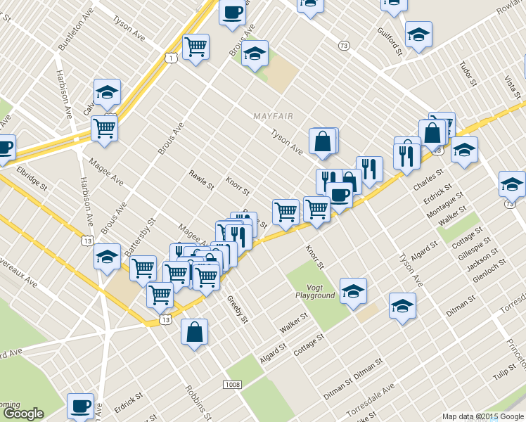 map of restaurants, bars, coffee shops, grocery stores, and more near 3234 Knorr Street in Philadelphia