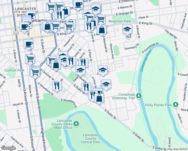 map of restaurants, bars, coffee shops, grocery stores, and more near 131 Juniata Street in Lancaster