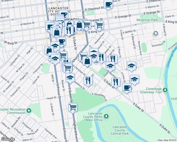 map of restaurants, bars, coffee shops, grocery stores, and more near 500 South Duke Street in Lancaster