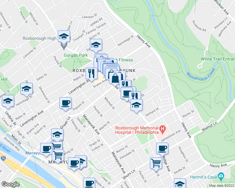 map of restaurants, bars, coffee shops, grocery stores, and more near 497 Conarroe Street in Philadelphia