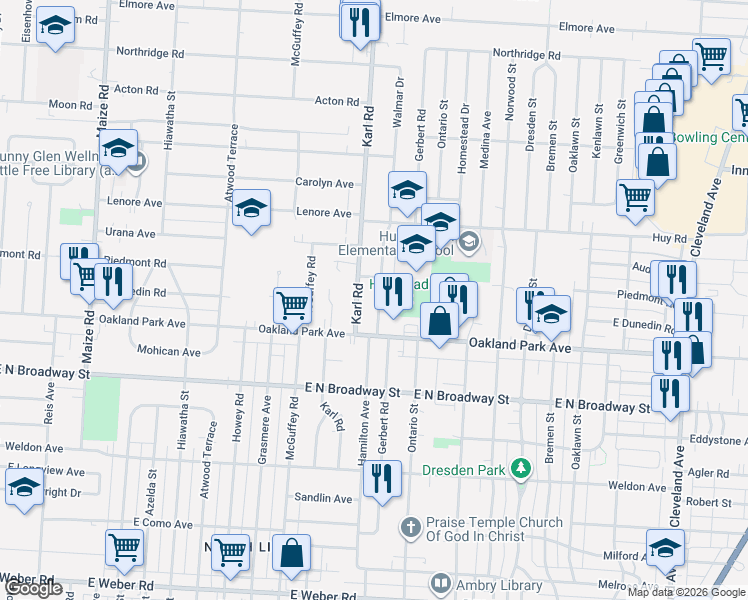 map of restaurants, bars, coffee shops, grocery stores, and more near 3288 Walmar Drive in Columbus