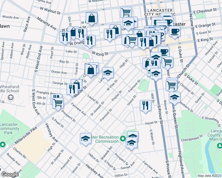 map of restaurants, bars, coffee shops, grocery stores, and more near 130 New Dorwart Street in Lancaster