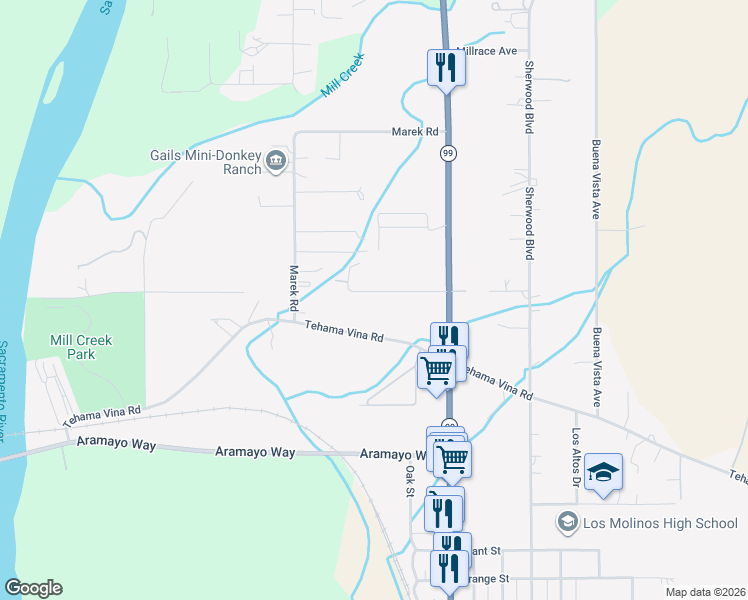 map of restaurants, bars, coffee shops, grocery stores, and more near 25051 Reeves Road in Los Molinos