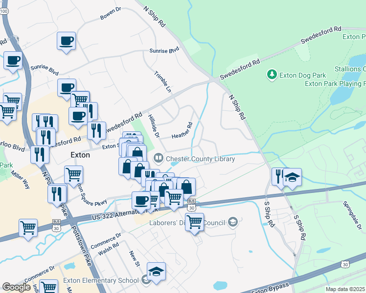 map of restaurants, bars, coffee shops, grocery stores, and more near 509 Winding Way in Exton