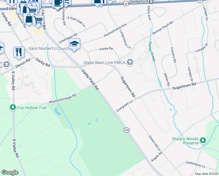map of restaurants, bars, coffee shops, grocery stores, and more near 319 Darby Paoli Road in Paoli