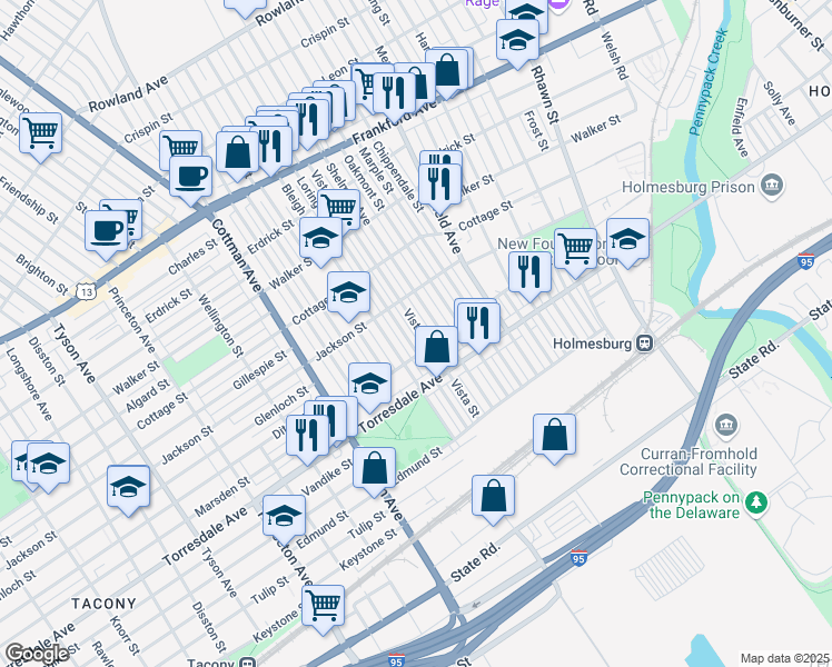 map of restaurants, bars, coffee shops, grocery stores, and more near 4542 Vista Street in Philadelphia