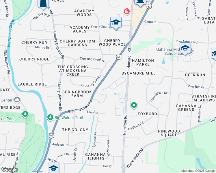 map of restaurants, bars, coffee shops, grocery stores, and more near 600 East Johnstown Road in Gahanna