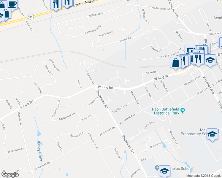 map of restaurants, bars, coffee shops, grocery stores, and more near 1609 Raintree Lane in Malvern