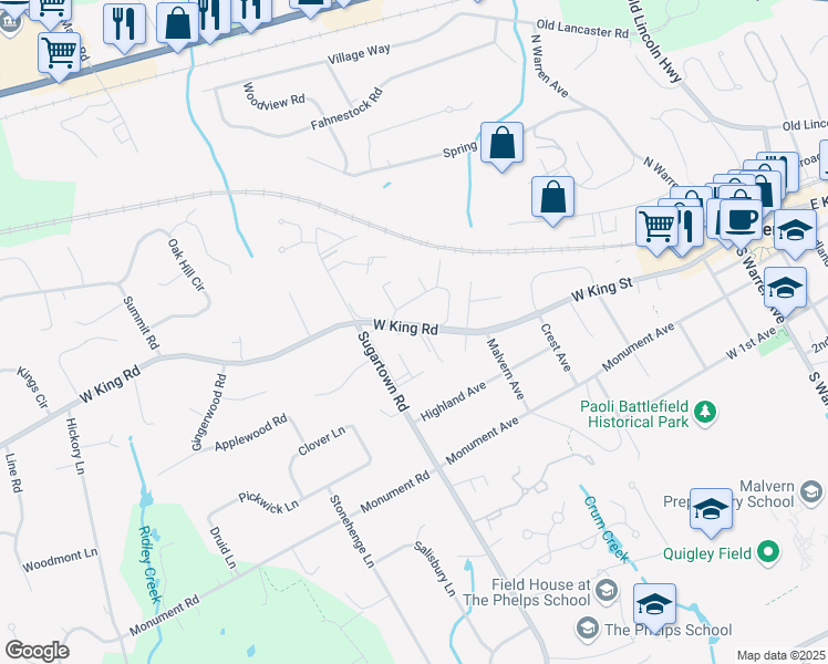 map of restaurants, bars, coffee shops, grocery stores, and more near 1998-100 Raintree Lane in Malvern