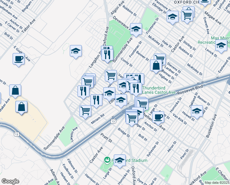 map of restaurants, bars, coffee shops, grocery stores, and more near 1234 East Cheltenham Avenue in Philadelphia