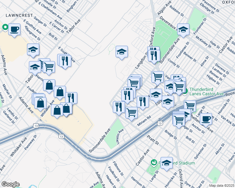 map of restaurants, bars, coffee shops, grocery stores, and more near 831 Bridge Street in Philadelphia