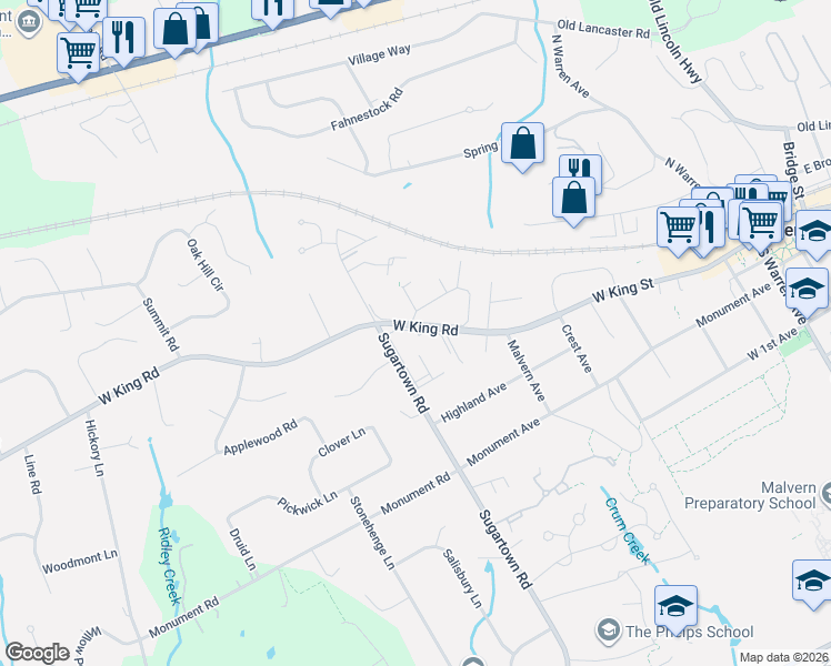 map of restaurants, bars, coffee shops, grocery stores, and more near 1802 Raintree Lane in Malvern
