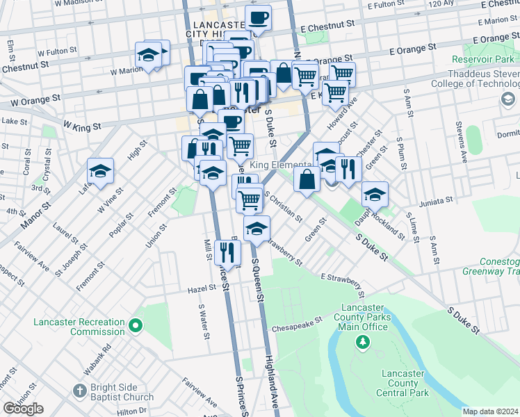 map of restaurants, bars, coffee shops, grocery stores, and more near 532 Howard Avenue in Lancaster