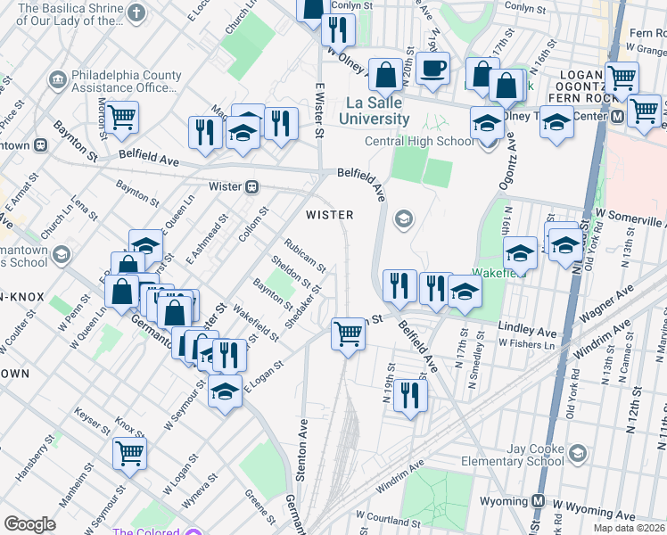 map of restaurants, bars, coffee shops, grocery stores, and more near East Shedaker Street in Philadelphia