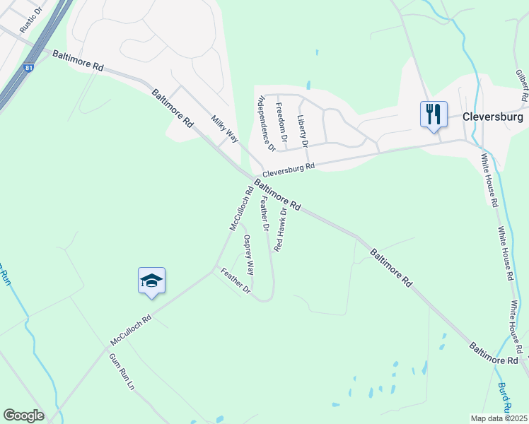 map of restaurants, bars, coffee shops, grocery stores, and more near 4 Feather Drive in Shippensburg