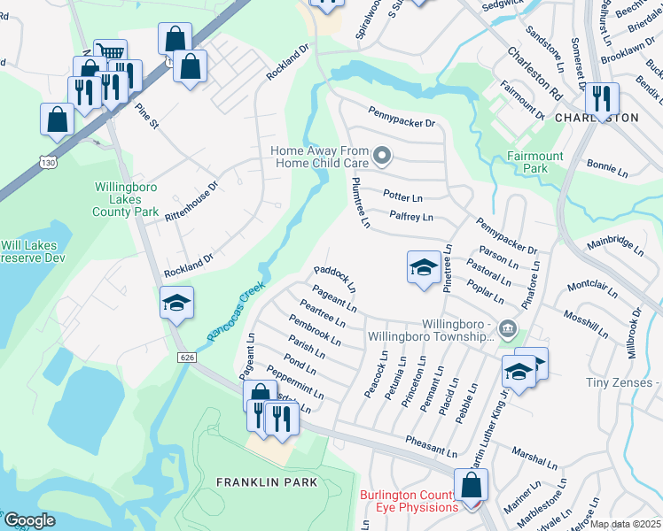 map of restaurants, bars, coffee shops, grocery stores, and more near 21 Paddock Lane in Willingboro