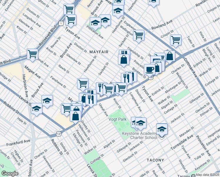 map of restaurants, bars, coffee shops, grocery stores, and more near 3311 Glenview Street in Philadelphia