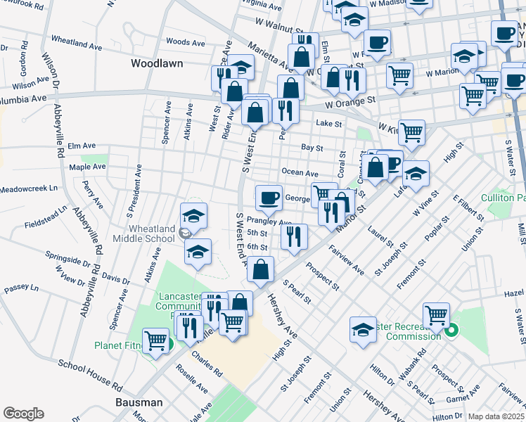 map of restaurants, bars, coffee shops, grocery stores, and more near 822 4th Street in Lancaster