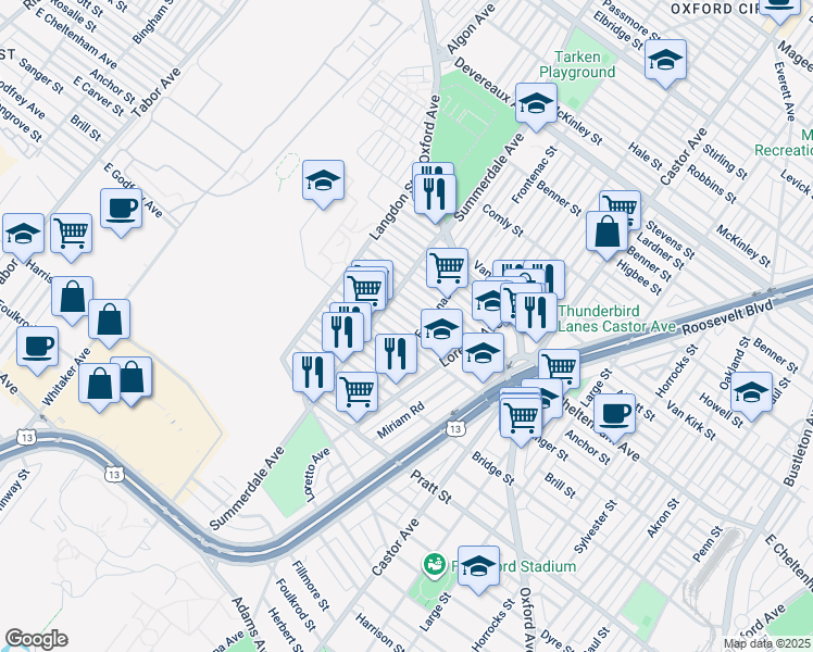 map of restaurants, bars, coffee shops, grocery stores, and more near 936 Carver Street in Philadelphia