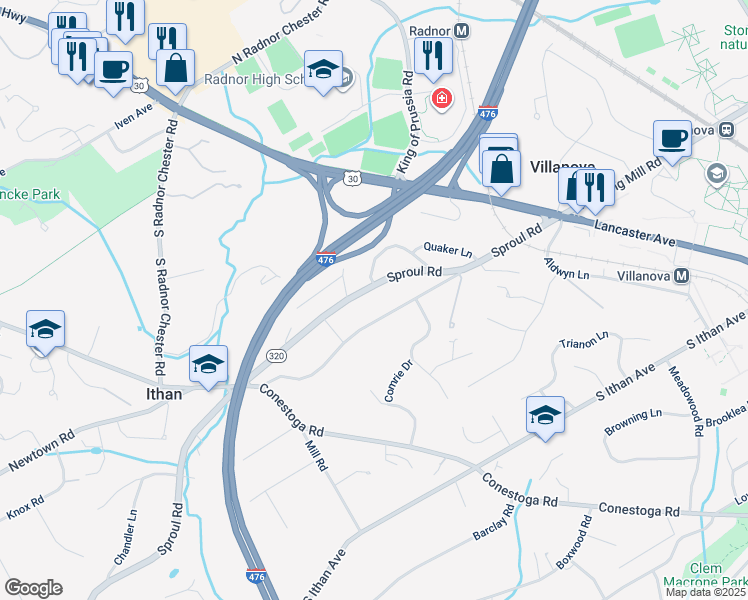 map of restaurants, bars, coffee shops, grocery stores, and more near 153 Sproul Road in Villanova