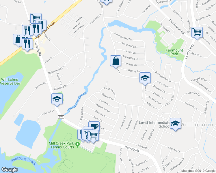 map of restaurants, bars, coffee shops, grocery stores, and more near 21 Paddock Lane in Willingboro