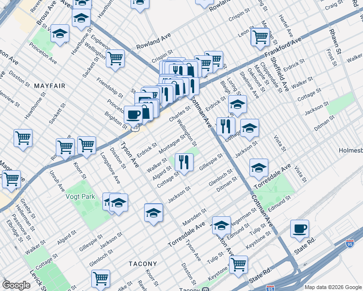 map of restaurants, bars, coffee shops, grocery stores, and more near 7144 Montague Street in Philadelphia