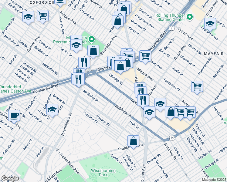 map of restaurants, bars, coffee shops, grocery stores, and more near 6344 Farnsworth Street in Philadelphia