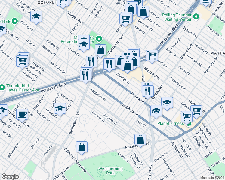 map of restaurants, bars, coffee shops, grocery stores, and more near 6316 Leonard Street in Philadelphia