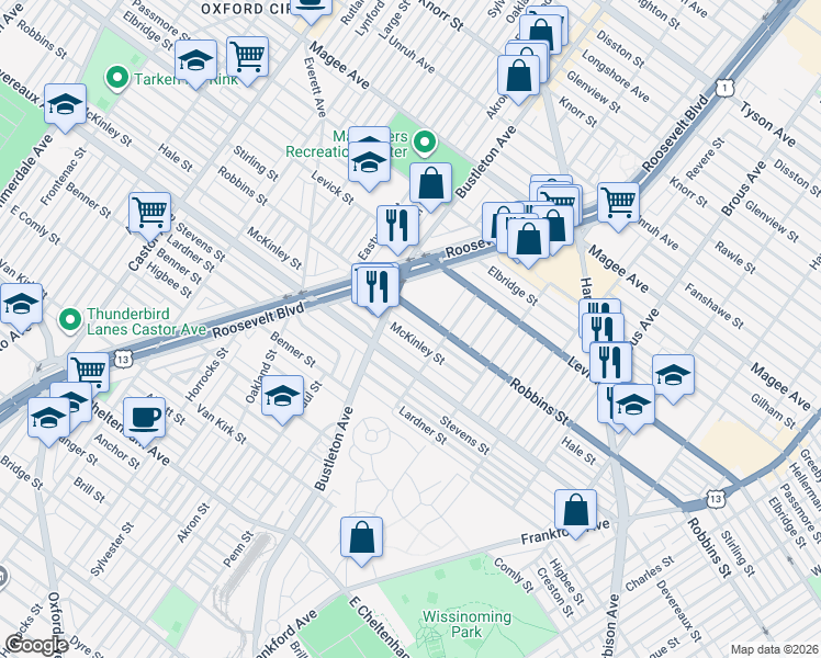 map of restaurants, bars, coffee shops, grocery stores, and more near 2024 Robbins Street in Philadelphia