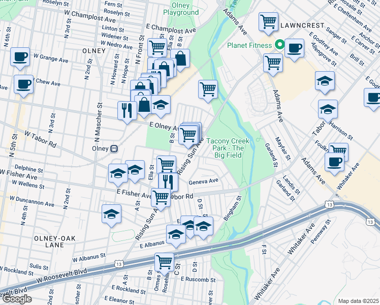 map of restaurants, bars, coffee shops, grocery stores, and more near 5519 Rising Sun Avenue in Philadelphia