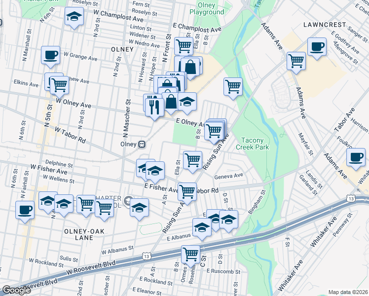 map of restaurants, bars, coffee shops, grocery stores, and more near 220 East Clarkson Avenue in Philadelphia