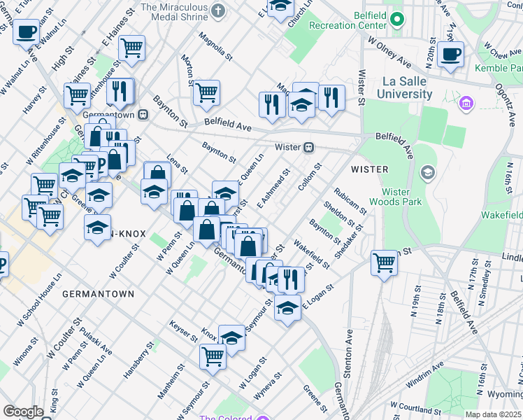 map of restaurants, bars, coffee shops, grocery stores, and more near 213 East Ashmead Street in Philadelphia