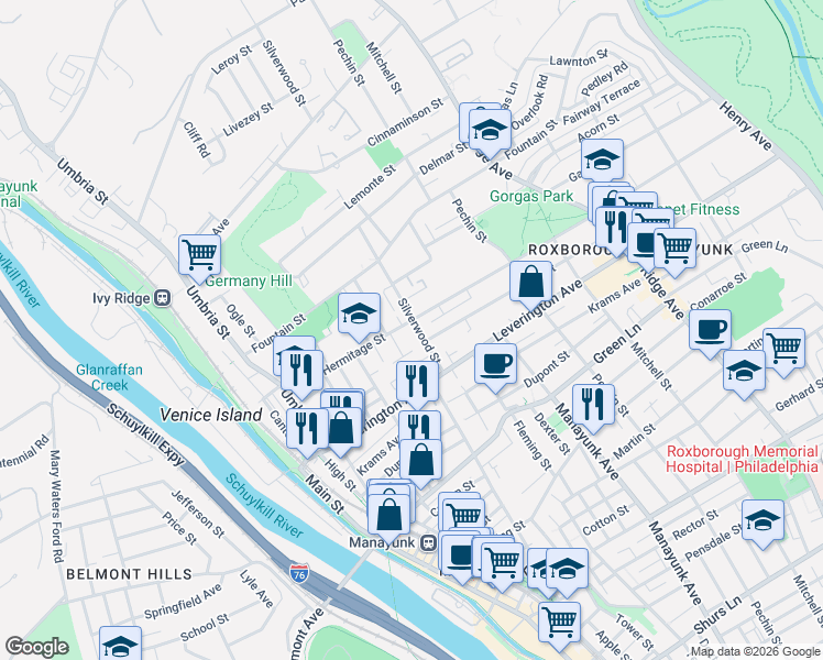 map of restaurants, bars, coffee shops, grocery stores, and more near in Philadelphia