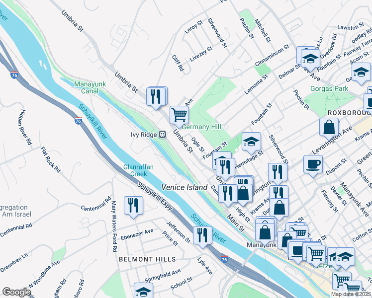 map of restaurants, bars, coffee shops, grocery stores, and more near 4842 Umbria Street in Philadelphia