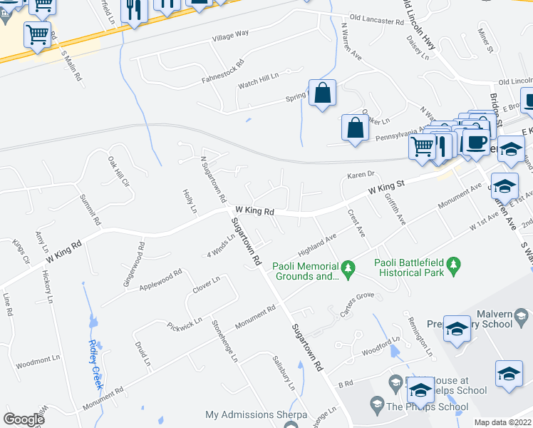 map of restaurants, bars, coffee shops, grocery stores, and more near 101 Raintree Lane in Malvern