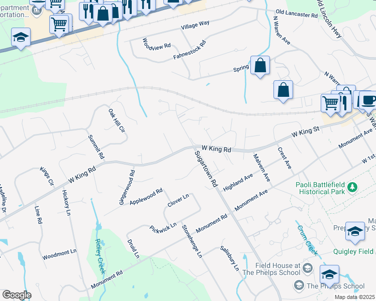 map of restaurants, bars, coffee shops, grocery stores, and more near 36 Sugar Ridge Lane in Malvern