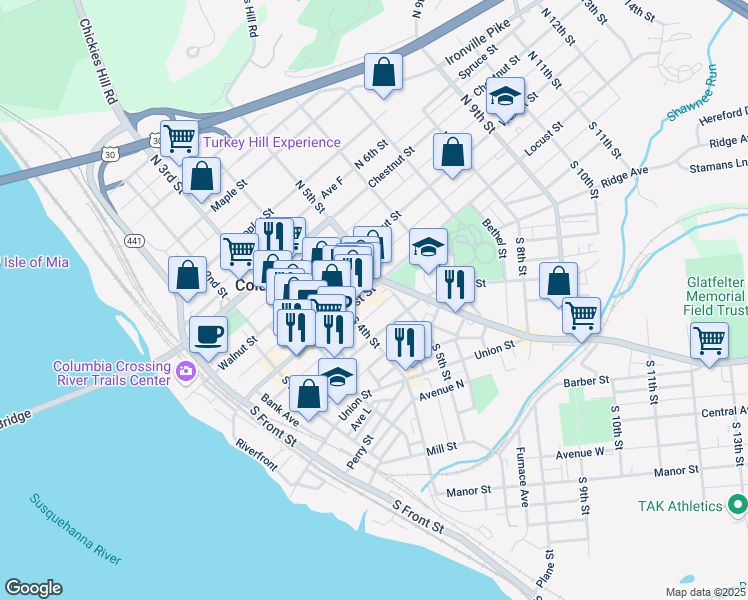 map of restaurants, bars, coffee shops, grocery stores, and more near 458 Locust Street in Columbia