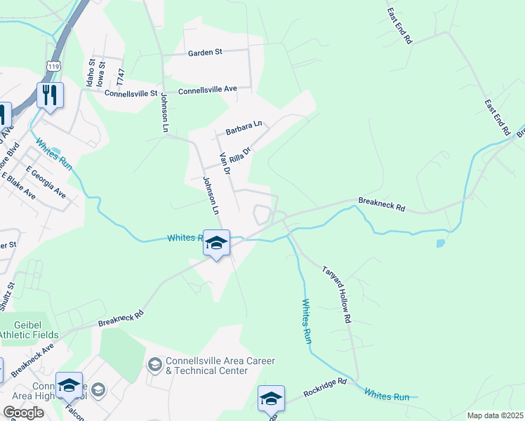 map of restaurants, bars, coffee shops, grocery stores, and more near 206 Moss Drive in Connellsville