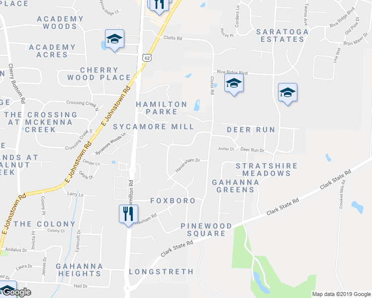 map of restaurants, bars, coffee shops, grocery stores, and more near 633 Sycamore Mill Drive in Columbus