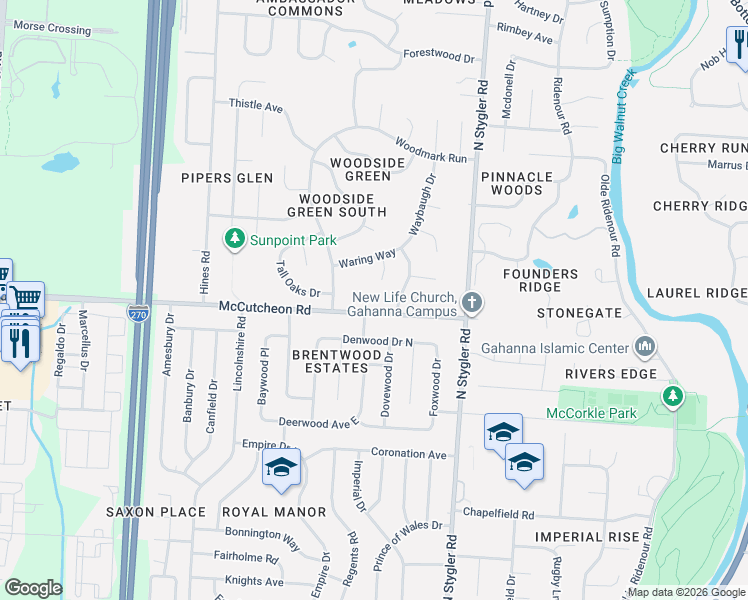 map of restaurants, bars, coffee shops, grocery stores, and more near 578 Witham Court in Columbus