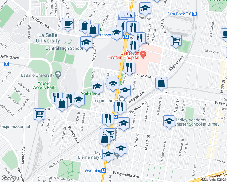map of restaurants, bars, coffee shops, grocery stores, and more near 5224 North Broad Street in Philadelphia