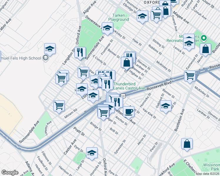map of restaurants, bars, coffee shops, grocery stores, and more near 1330 Van Kirk Street in Philadelphia
