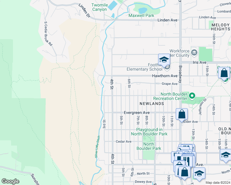 map of restaurants, bars, coffee shops, grocery stores, and more near 3220 4th Street in Boulder
