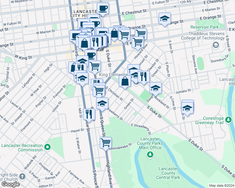 map of restaurants, bars, coffee shops, grocery stores, and more near 435 South Christian Street in Lancaster